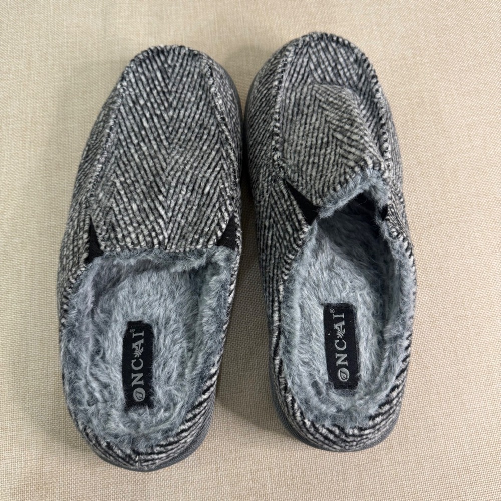 ONCAI Mens Grey Chevron Knit Moccasin Slippers Faux Fur Lined Slip On Size 11